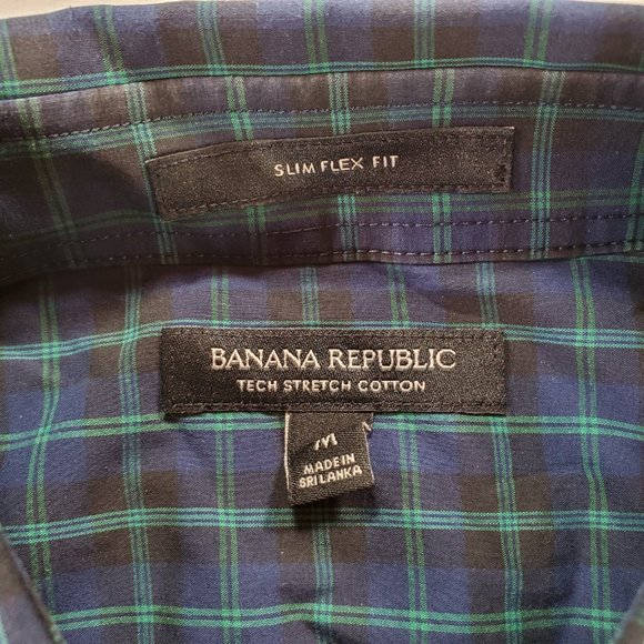 Banana Republic Shirt Men Medium Navy Plaid Slim Flex Fit Stretch Button Down - Picture 2 of 14